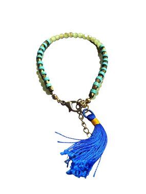 Artisan 2 Strand Beaded Bracelet Green Blue Tassel Goldtone 6.75 - 8.25 inches